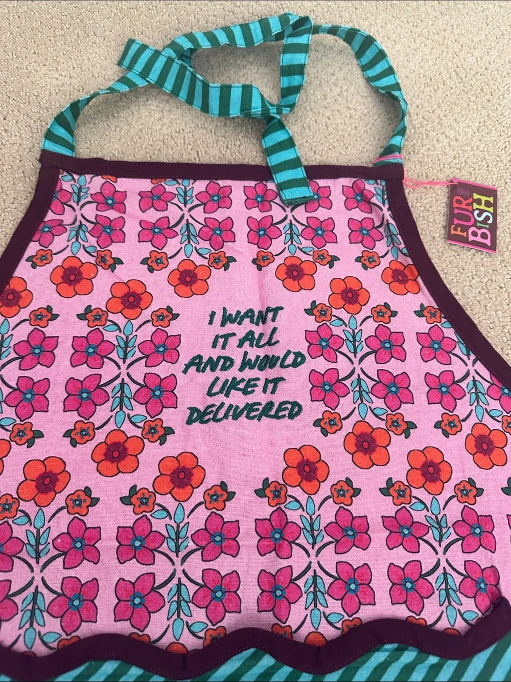 Whimsical Pink Floral Apron with Teal Striped Pocket